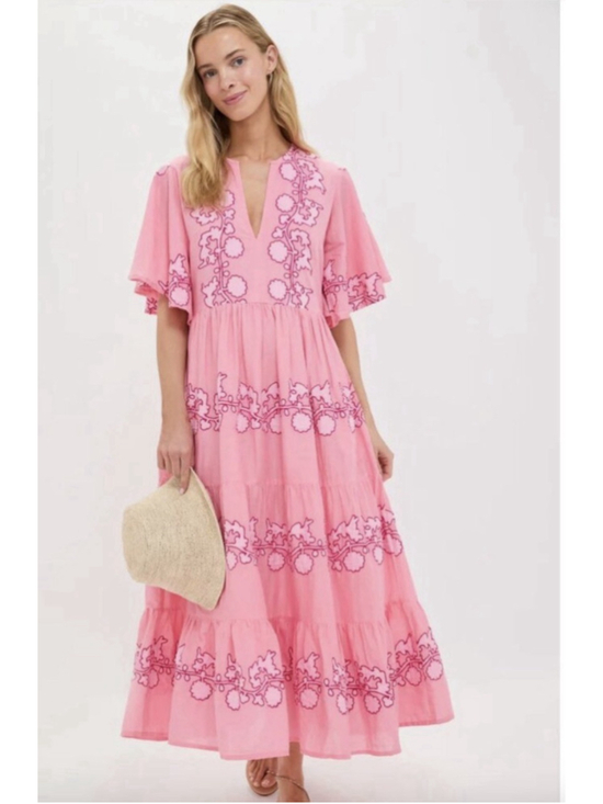 Oliphant Dresses & Skirts - Oliphant Flirty V Neck Maxi Tiered Dress Tangier Pink Flutter Sleeve Embroidery